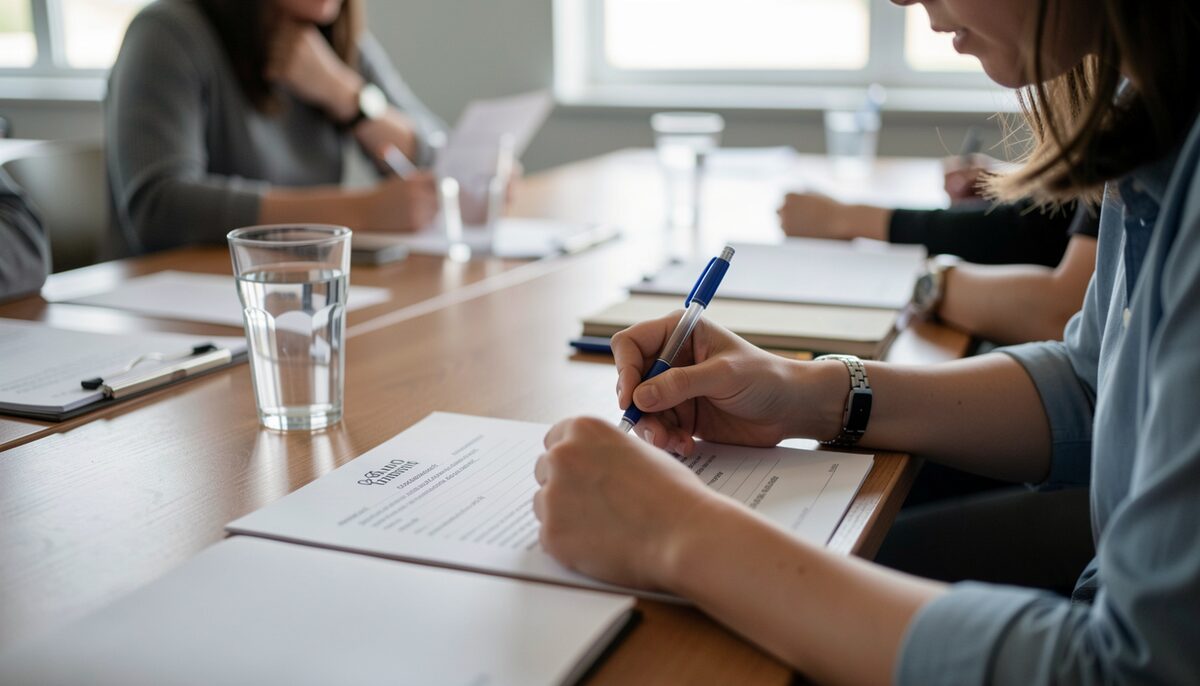A participant filling out a paper survey at the end of a workshop table with a pen and a glass of water.