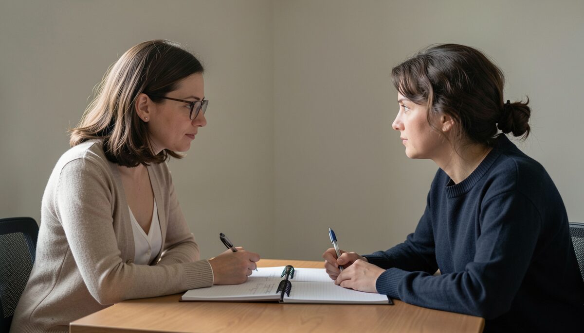 A supervisor and an employee sitting face to face in a quiet corner with a notebook open.