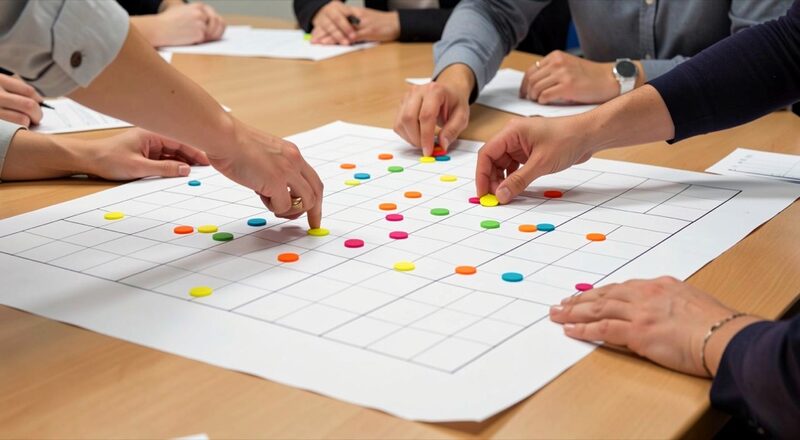 Hands placing colored sticky dots on a large printed grid of plain lines on a meeting table, colleagues' hands nearby