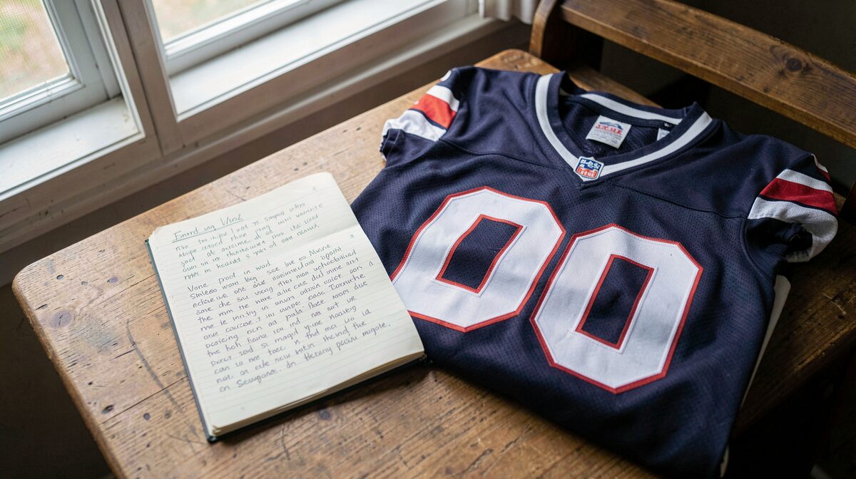 Sobre un escritorio de madera junto a una ventana con luz natural, una camiseta de fútbol americano doblada y a su lado un cuaderno abierto con notas, encuadre cenital cercano.