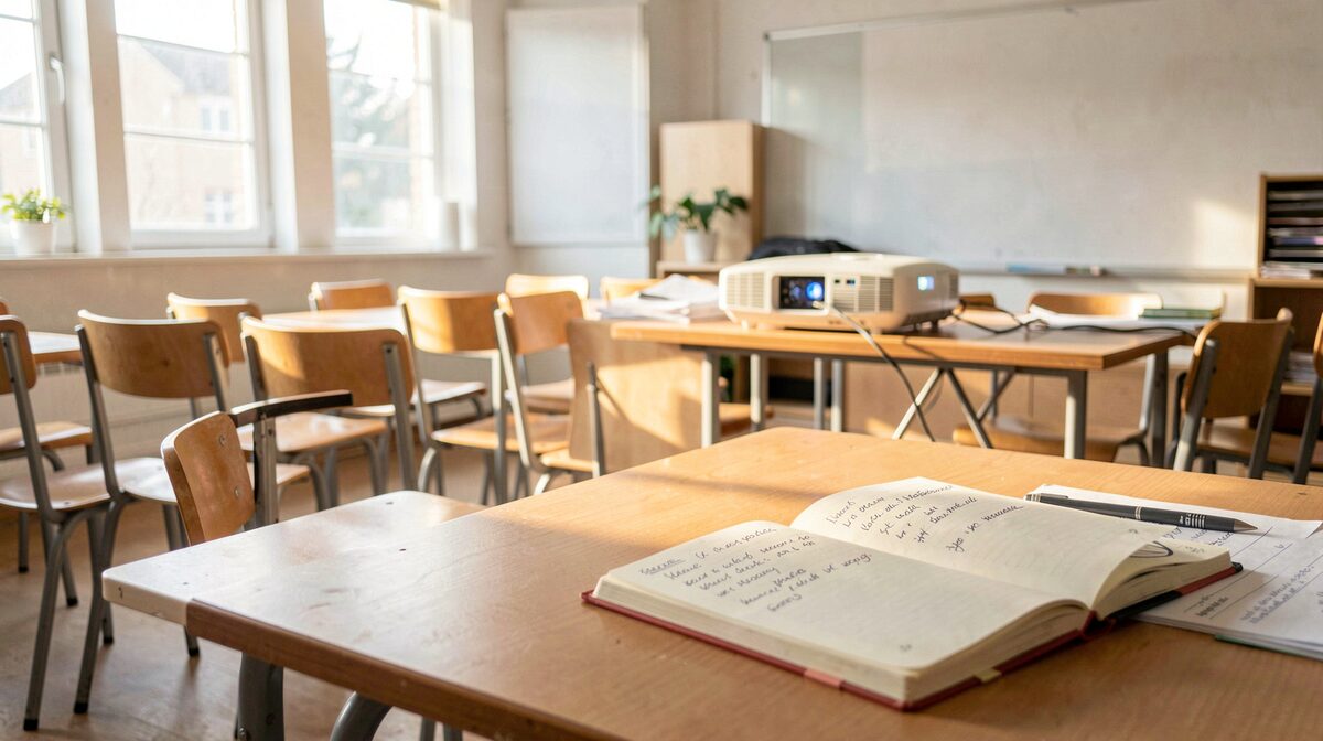 Un aula luminosa con un proyector encendido, sillas dispuestas en semicírculo y un cuaderno abierto con notas a mano, luz de tarde.