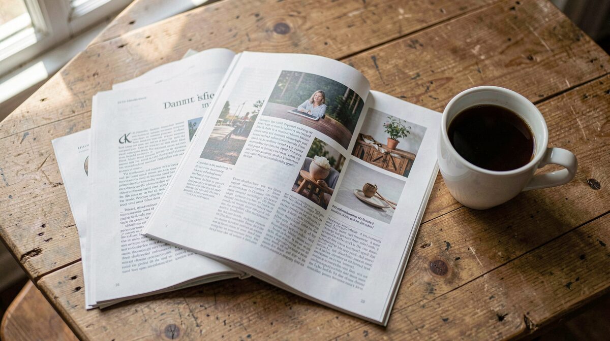 Un magazine impreso abierto sobre una mesa de madera junto a una taza de café, con luz natural suave de ventana y encuadre cenital.