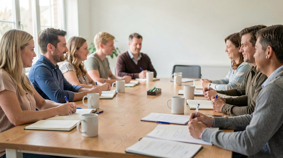 Mesa de reunión comunitaria en una sala luminosa, con cuadernos abiertos y tazas, encuadre a media distancia con luz natural lateral.