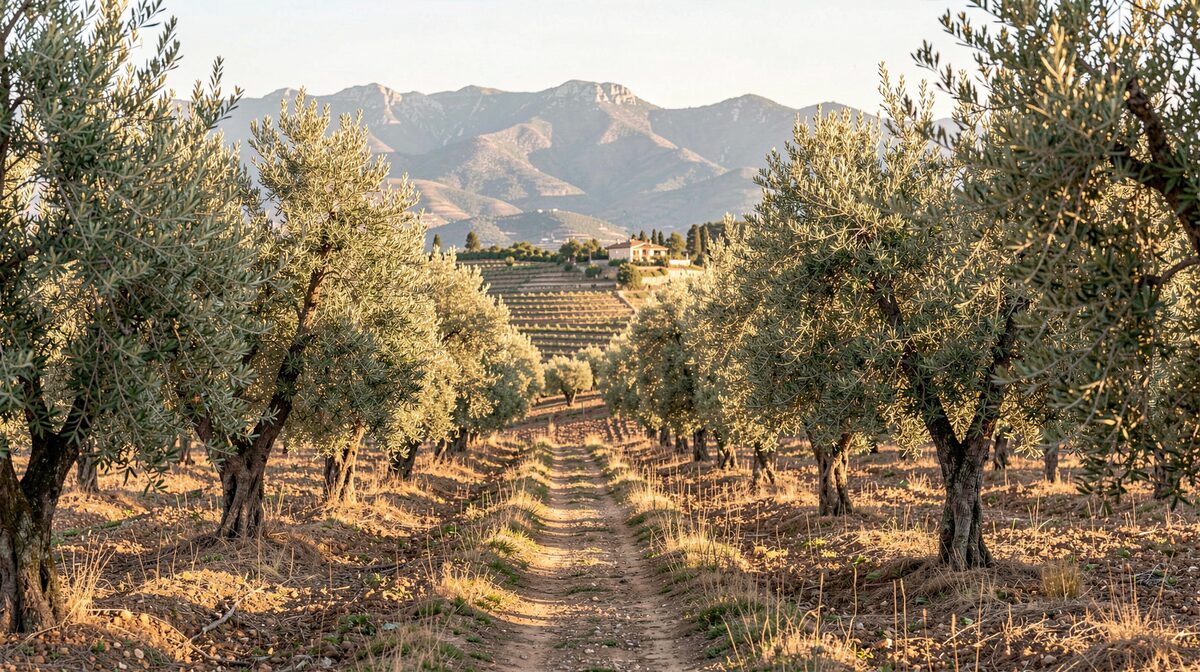 Interior rural de la provincia de Valencia: un sendero estrecho entre campos de olivos y almendros en terrazas, luz cálida de tarde, encuadre horizontal con el macizo al fondo.