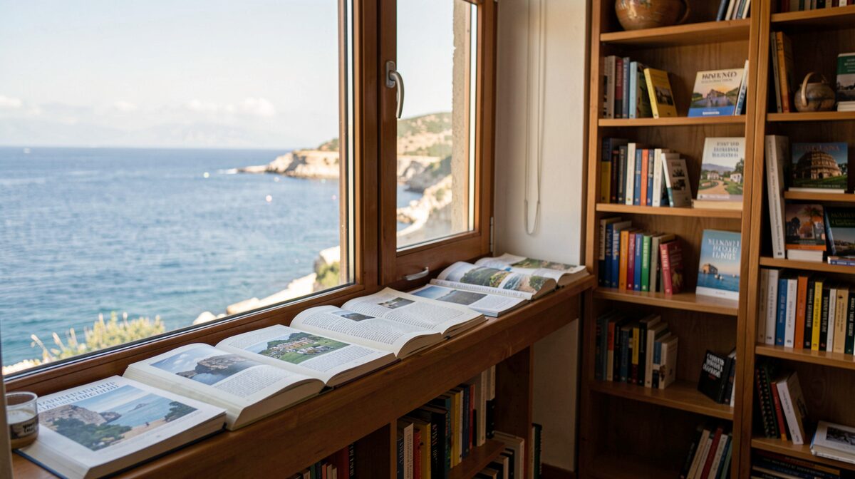 Una biblioteca pública junto a una ventana con vista al mar mediterráneo, libros abiertos sobre cultura costera, luz natural de mañana, encuadre lateral.