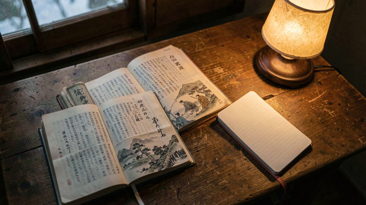 Mesa de estudio con libros abiertos sobre tradición japonesa, cuaderno de notas y lámpara de luz cálida, encuadre cenital en penumbra.