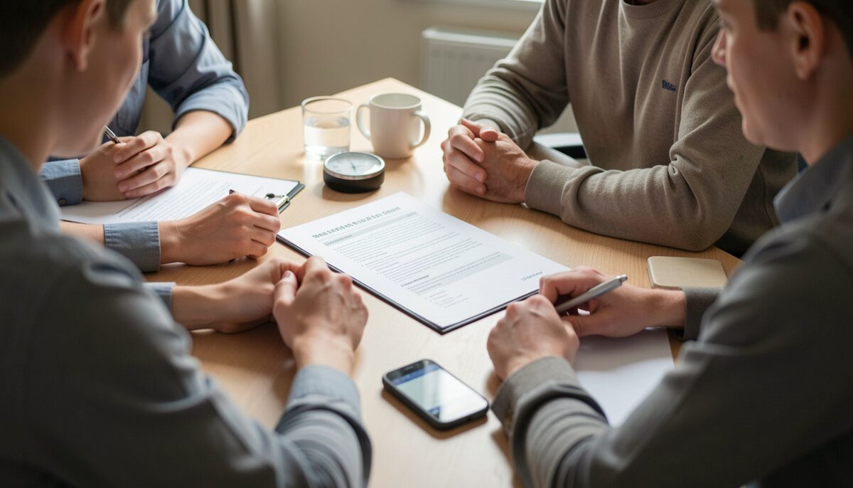 A small group around a table with a printed agenda and a timer visible during a meeting.