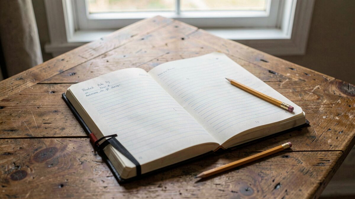 Un cuaderno de cría canina abierto sobre una mesa de madera, con lápiz y luz natural de ventana, encuadre cenital.
